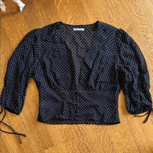 Reformation Black Polka Dot V-Neck Tie-Sleeve Blouse